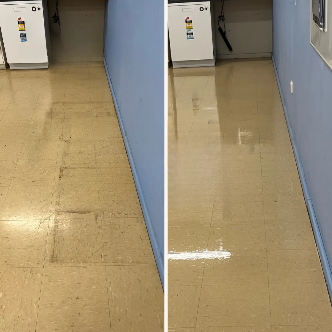 Before and after comparison of a resilient floor corridor