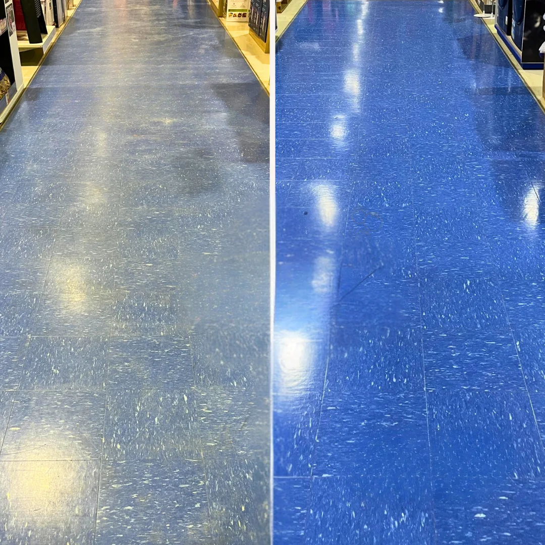 Before and after comparison of a commercial resilient floor