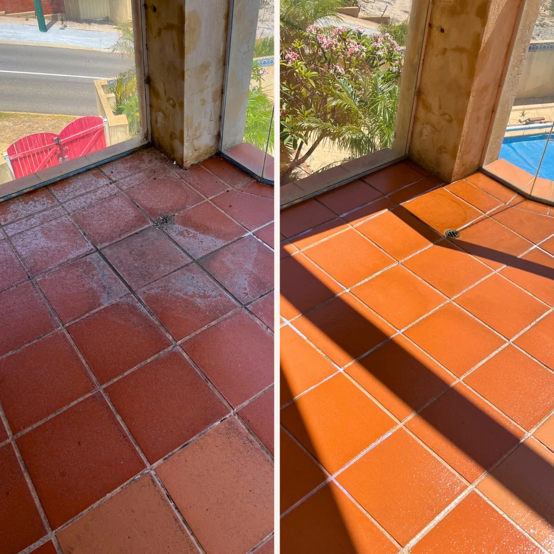 Before and after comparison of terracotta tile and grout cleaning