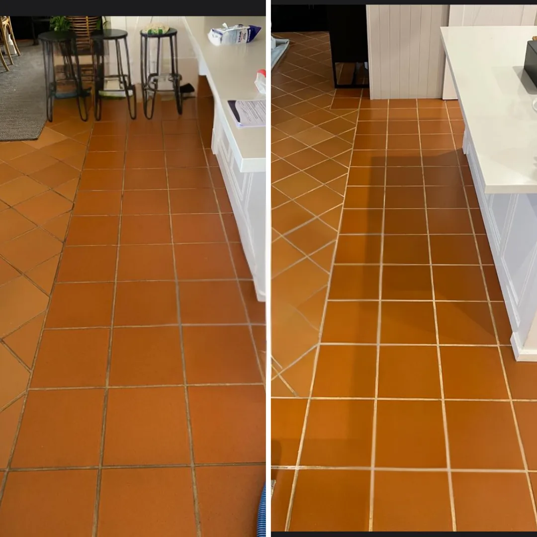 Before and after comparison of kitchen tile and grout cleaning